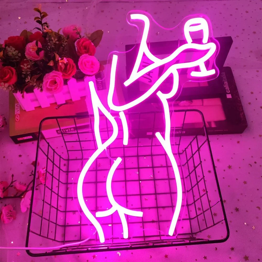 Female Body Wine Pink Neon Light Bright LED Bedroom Bathroom Diva Princess Decor